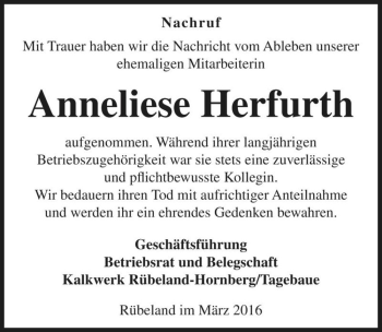 Traueranzeige von Anneliese Herfurth  von Magdeburger Volksstimme