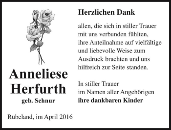 Traueranzeige von Anneliese Herfurth (geb. Schnur)  von Magdeburger Volksstimme