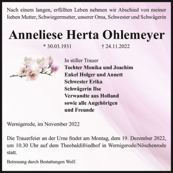 Traueranzeige von Anneliese Herta Ohlemeyer  von Magdeburger Volksstimme