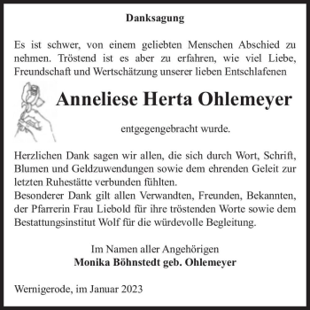 Traueranzeige von Anneliese Herta Ohlemeyer  von Magdeburger Volksstimme