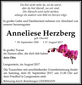 Traueranzeige von Anneliese Herzberg (geb. Oswald)  von Magdeburger Volksstimme