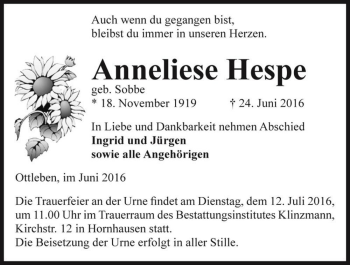 Traueranzeige von Anneliese Hespe (geb. Sobbe)  von Magdeburger Volksstimme