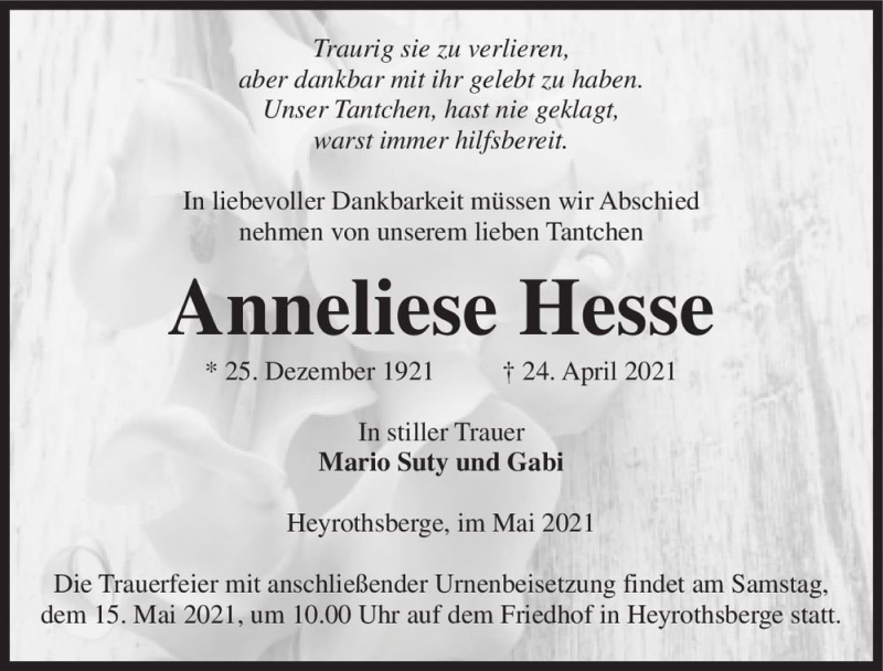  Traueranzeige für Anneliese Hesse  vom 08.05.2021 aus Magdeburger Volksstimme