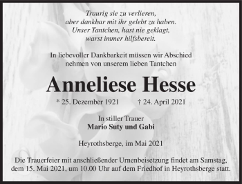 Traueranzeige von Anneliese Hesse  von Magdeburger Volksstimme