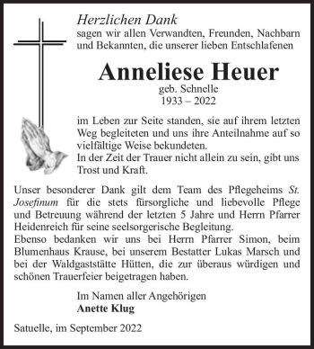 Traueranzeige von Anneliese Heuer (geb. Schnelle)  von Magdeburger Volksstimme