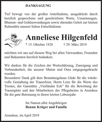 Traueranzeige von Anneliese Hilgenfeld  von Magdeburger Volksstimme