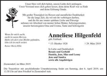 Traueranzeige von Anneliese Hilgenfeld (geb. Fettback)  von Magdeburger Volksstimme