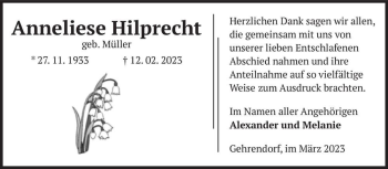Traueranzeige von Anneliese Hilprecht (geb. Müller)  von Magdeburger Volksstimme