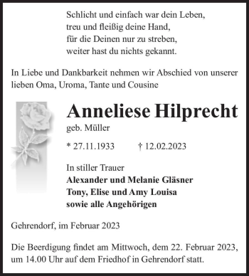 Traueranzeige von Anneliese Hilprecht (geb. Müller)  von Magdeburger Volksstimme