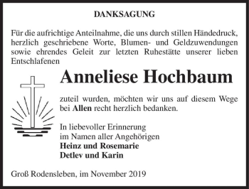 Traueranzeige von Anneliese Hochbaum  von Magdeburger Volksstimme