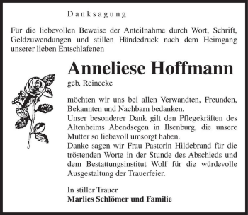 Traueranzeige von Anneliese Hoffmann (geb. Reinecke)  von Magdeburger Volksstimme