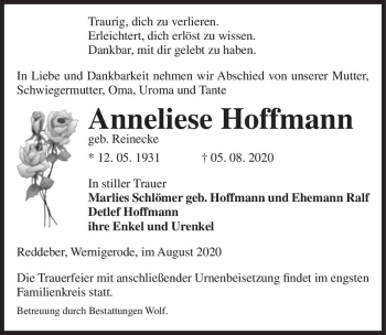 Traueranzeige von Anneliese Hoffmann (geb. Reinecke)  von Magdeburger Volksstimme