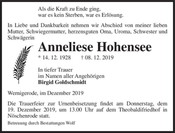 Traueranzeige von Anneliese Hohensee  von Magdeburger Volksstimme