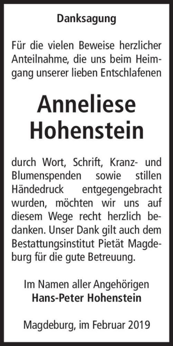 Traueranzeige von Anneliese Hohenstein  von Magdeburger Volksstimme