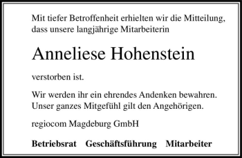 Traueranzeige von Anneliese Hohenstein  von Magdeburger Volksstimme