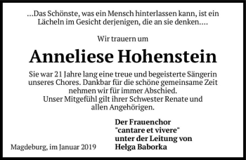 Traueranzeige von Anneliese Hohenstein  von Magdeburger Volksstimme
