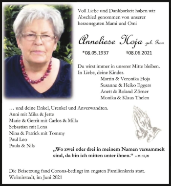 Traueranzeige von Anneliese Hoja (geb. Grau)  von Magdeburger Volksstimme
