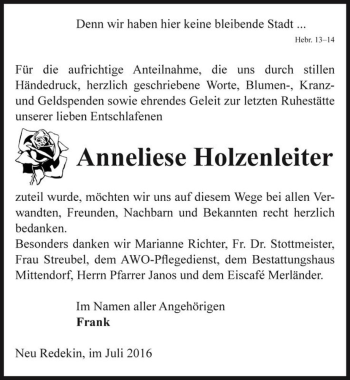 Traueranzeige von Anneliese Holzenleiter  von Magdeburger Volksstimme
