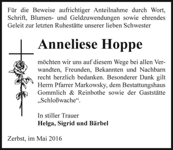 Traueranzeige von Anneliese Hoppe  von Magdeburger Volksstimme