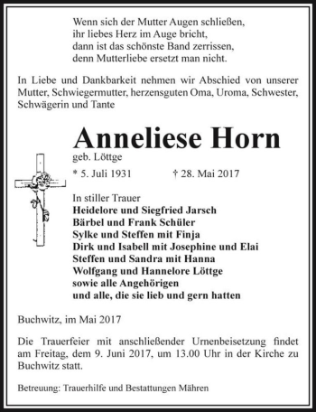 Traueranzeige von Anneliese Horn (geb. Löttge)  von Magdeburger Volksstimme