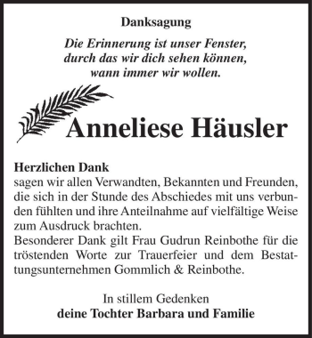 Traueranzeige von Anneliese Häusler  von Magdeburger Volksstimme