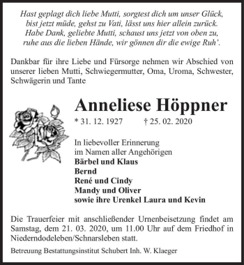 Traueranzeige von Anneliese Höppner  von Magdeburger Volksstimme