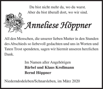 Traueranzeige von Anneliese Höppner  von Magdeburger Volksstimme