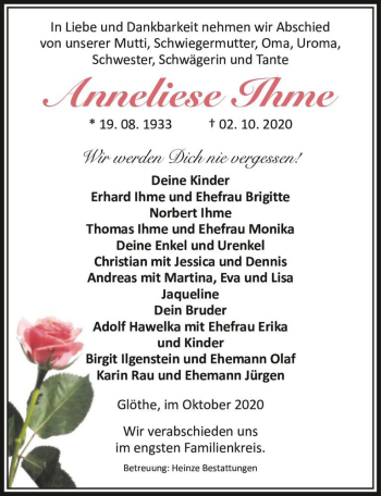 Traueranzeige von Anneliese Ihme  von Magdeburger Volksstimme