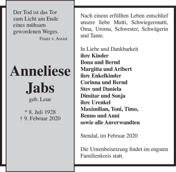 Traueranzeige von Anneliese Jabs (geb. Leue)  von Magdeburger Volksstimme