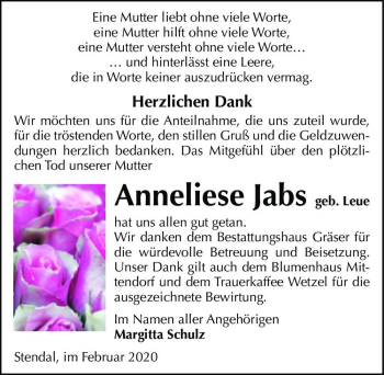 Traueranzeige von Anneliese Jabs (geb. Leue)  von Magdeburger Volksstimme