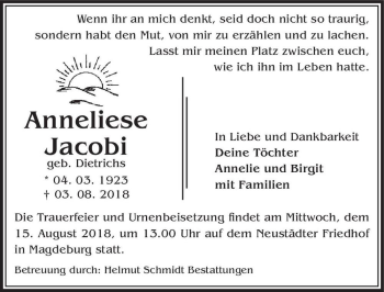 Traueranzeige von Anneliese Jacobi (geb. Dietrichs)  von Magdeburger Volksstimme