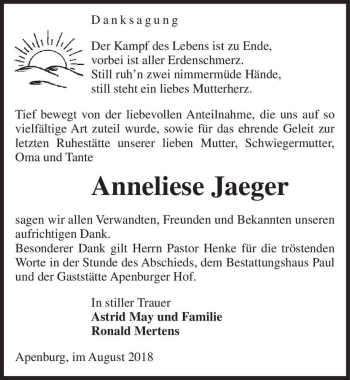 Traueranzeige von Anneliese Jaeger  von Magdeburger Volksstimme