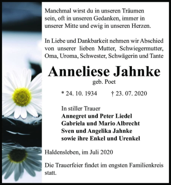 Traueranzeige von Anneliese Jahnke (geb. Poet)  von Magdeburger Volksstimme