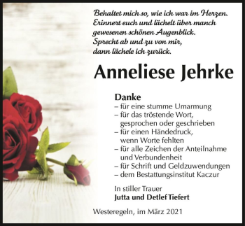 Traueranzeige von Anneliese Jehrke  von Magdeburger Volksstimme