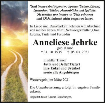 Traueranzeige von Anneliese Jehrke (geb. Kruse)  von Magdeburger Volksstimme