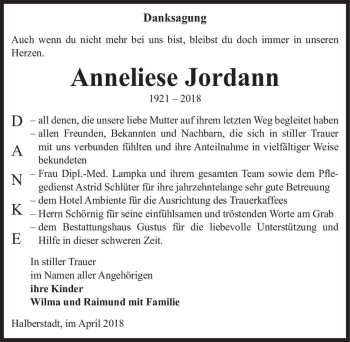 Traueranzeige von Anneliese Jordann  von Magdeburger Volksstimme