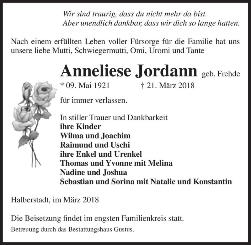  Traueranzeige für Anneliese Jordann (geb. Frehde)  vom 24.03.2018 aus Magdeburger Volksstimme