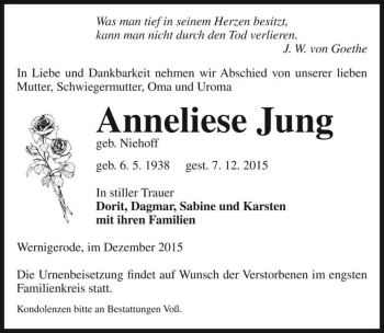 Traueranzeige von Anneliese Jung (geb. Niehoff)  von Magdeburger Volksstimme