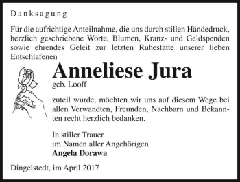 Traueranzeige von Anneliese Jura (geb. Looff)  von Magdeburger Volksstimme