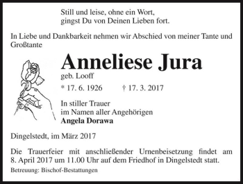 Traueranzeige von Anneliese Jura (geb. Looff)  von Magdeburger Volksstimme