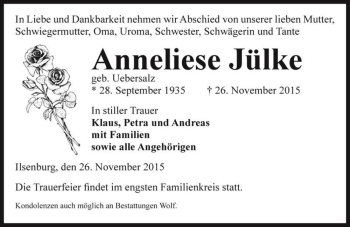 Traueranzeige von Anneliese Jülke (geb. Uebersalz)  von Magdeburger Volksstimme