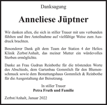 Traueranzeige von Anneliese Jüptner  von Magdeburger Volksstimme