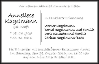 Traueranzeige von Anneliese Kagelmann (geb. Kraft)  von Magdeburger Volksstimme
