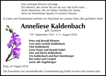 Traueranzeige von Anneliese Kaldenbach (geb. Guttstein)  von Magdeburger Volksstimme