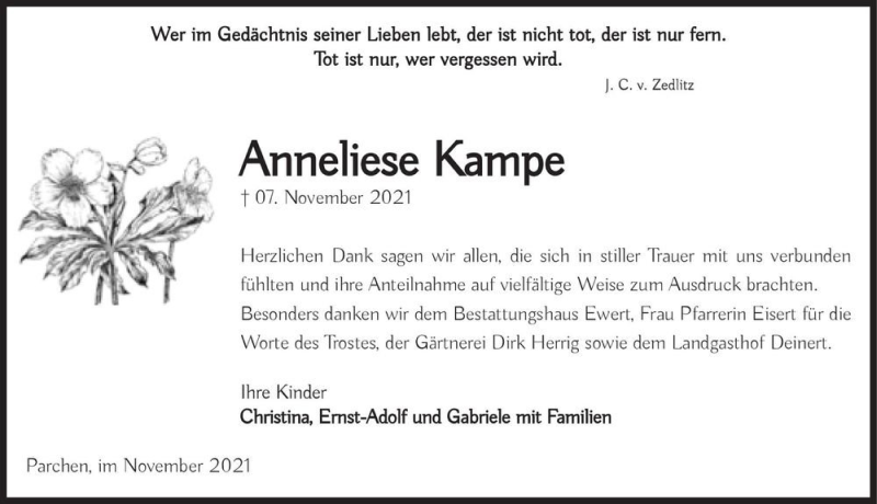  Traueranzeige für Anneliese Kampe  vom 27.11.2021 aus Magdeburger Volksstimme