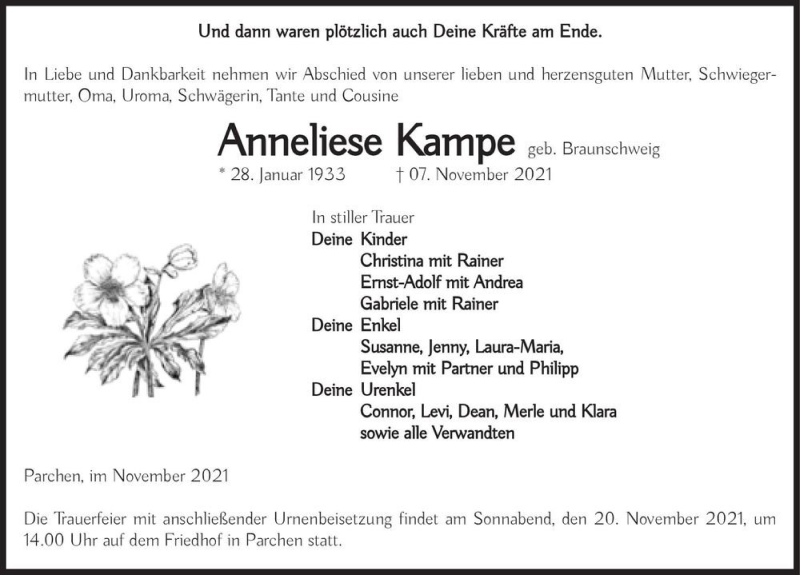  Traueranzeige für Anneliese Kampe (geb. Braunschweig)  vom 13.11.2021 aus Magdeburger Volksstimme