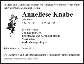 Traueranzeige von Anneliese Kanbe (geb. Bartel)  von Magdeburger Volksstimme