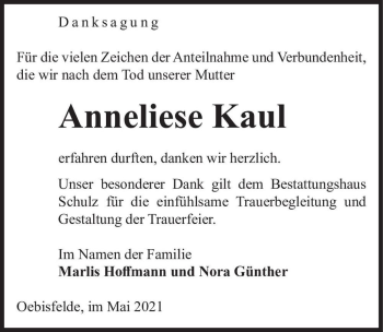 Traueranzeige von Anneliese Kaul  von Magdeburger Volksstimme