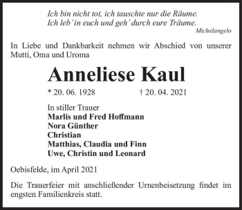 Traueranzeige von Anneliese Kaul  von Magdeburger Volksstimme