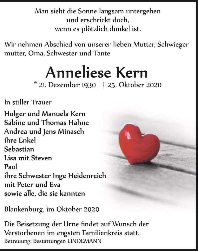  Traueranzeige für Anneliese Kern  vom 30.10.2020 aus Magdeburger Volksstimme